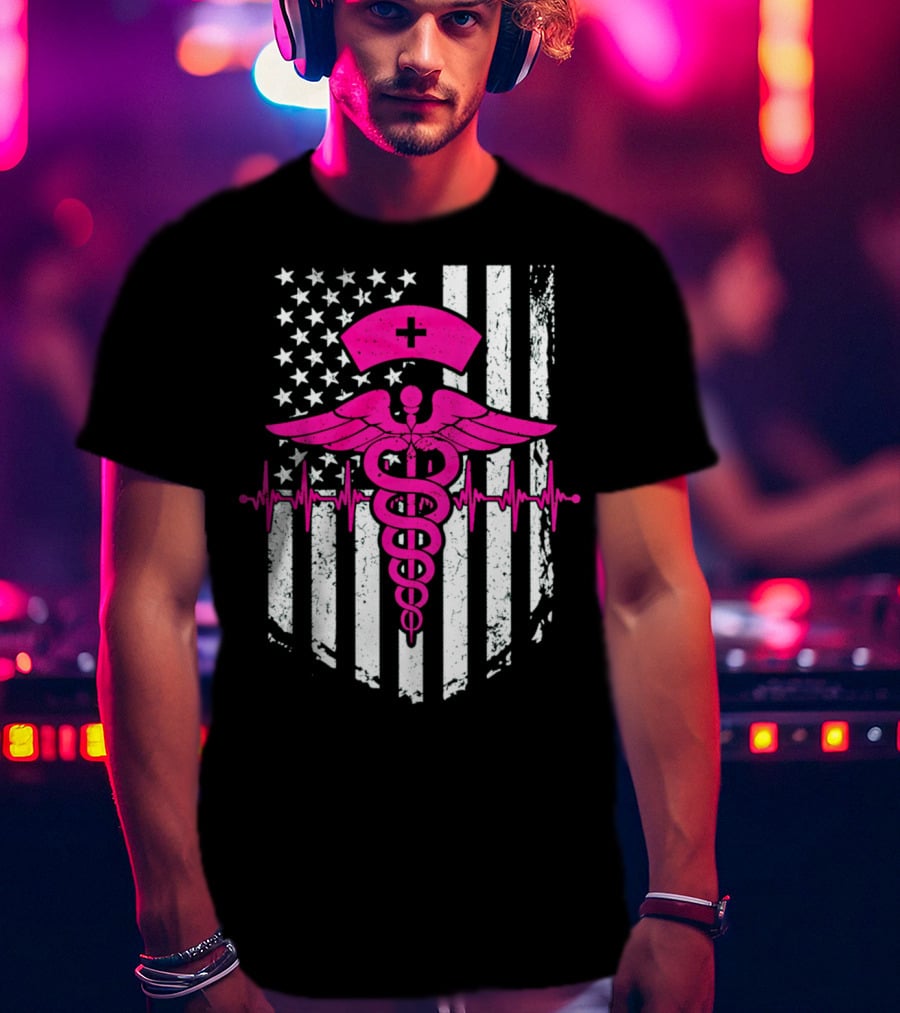 Nurse Pink Caduceus With USA Flag And Heartbeat T-Shirt