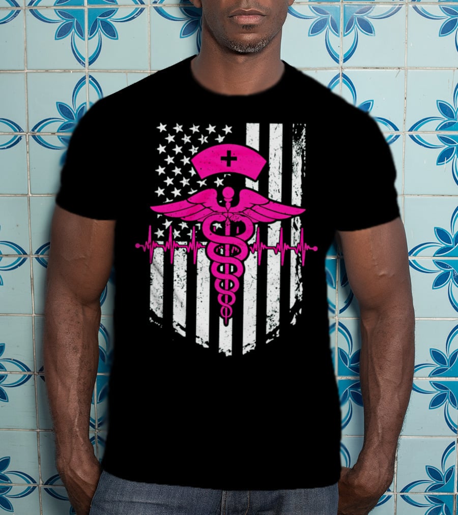 Nurse Pink Caduceus With USA Flag And Heartbeat T-Shirt