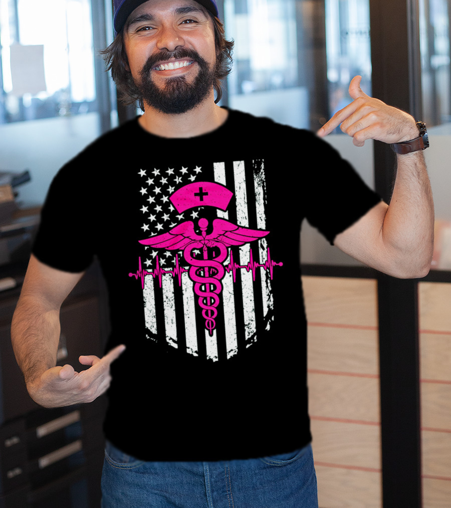 Nurse Pink Caduceus With USA Flag And Heartbeat T-Shirt