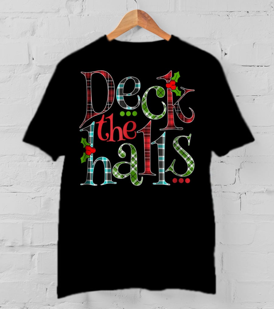 Mens Deck The Halls Holiday Plaid Holly Christmas T-Shirt