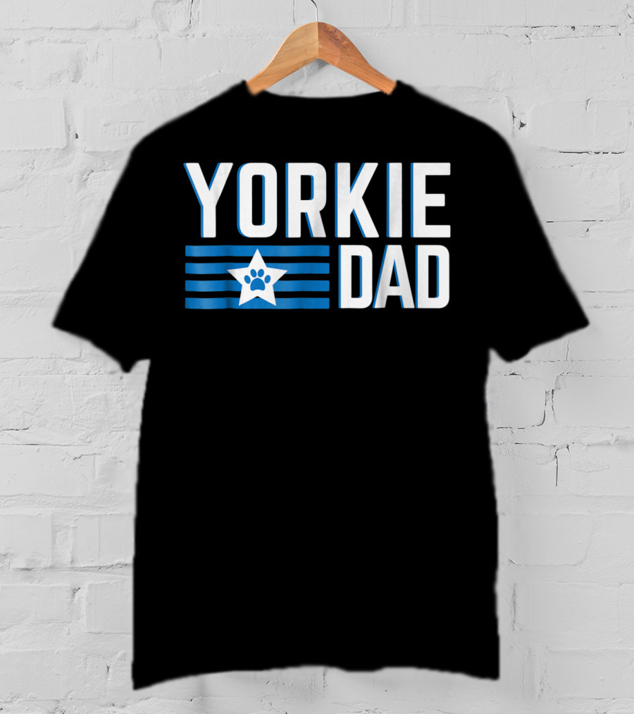 Yorkie Dad Yorkshire Terrier Dad Blue Paw Print Star T-Shirt