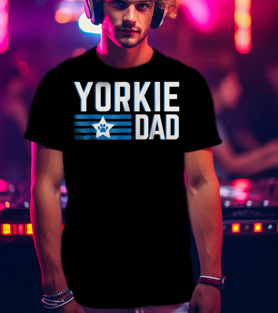 Yorkie Dad Yorkshire Terrier Dad Blue Paw Print Star T-Shirt