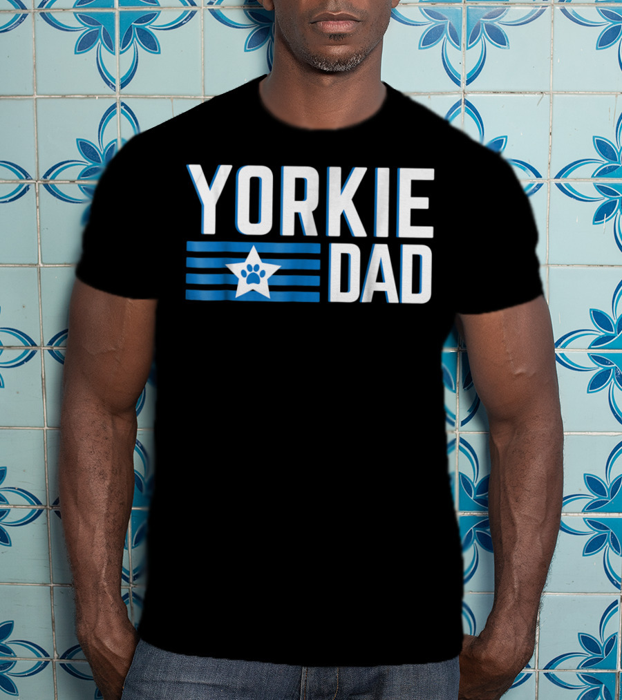 Yorkie Dad Yorkshire Terrier Dad Blue Paw Print Star T-Shirt