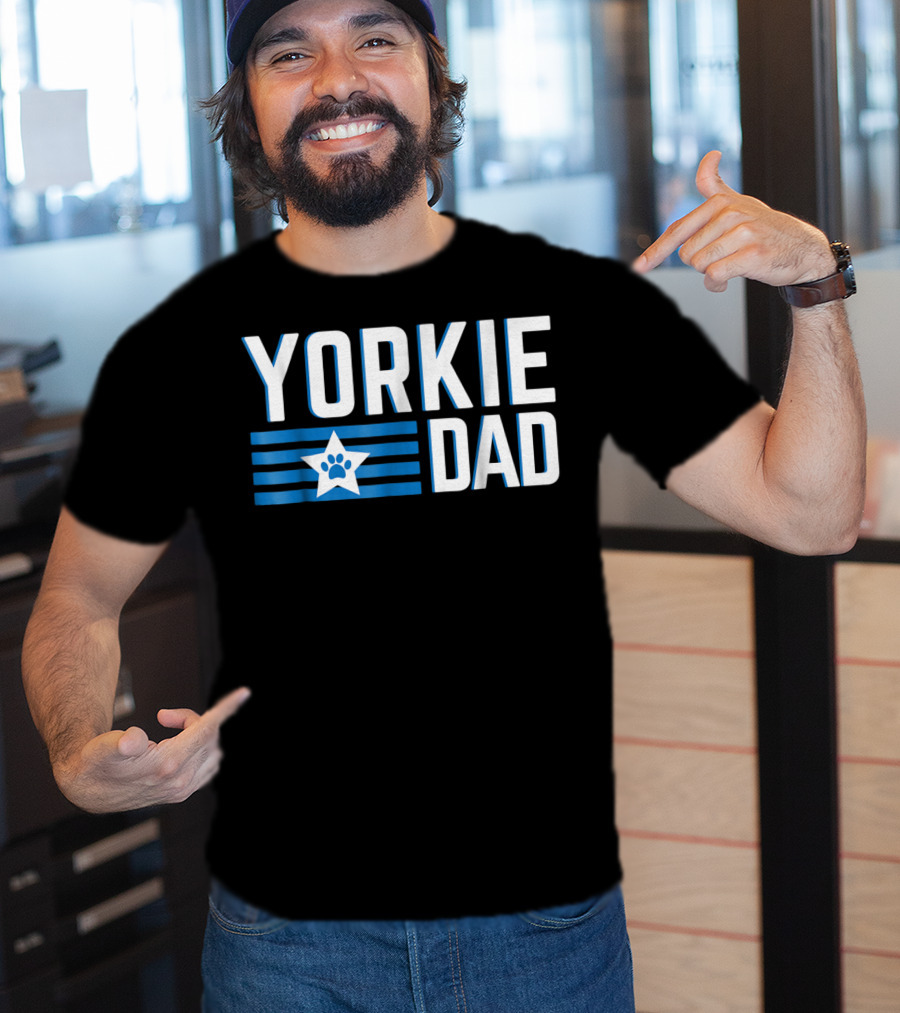 Yorkie Dad Yorkshire Terrier Dad Blue Paw Print Star T-Shirt