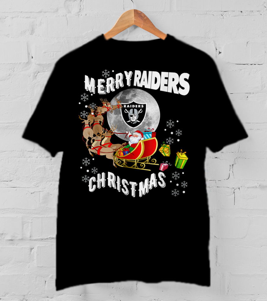 Merry Raiders Christmas Santa Sleigh Snowflakes Reindeer Presents T-Shirt