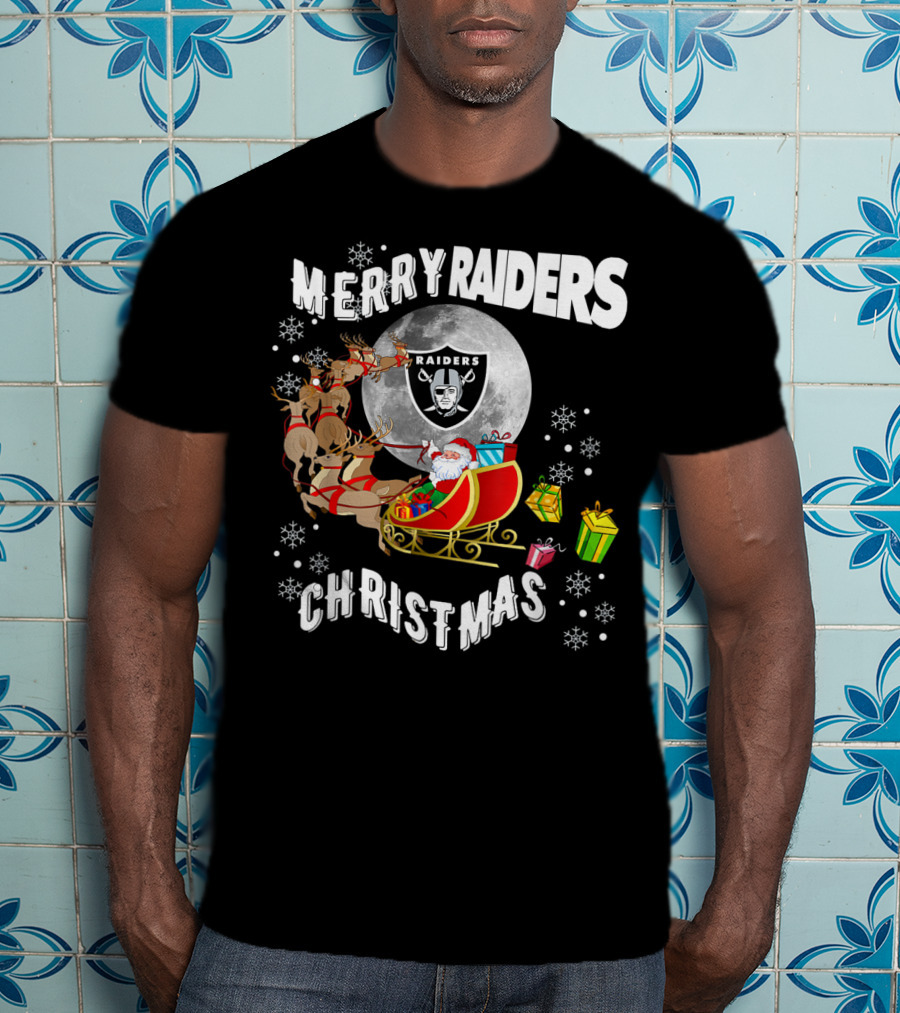 Merry Raiders Christmas Santa Sleigh Snowflakes Reindeer Presents T-Shirt