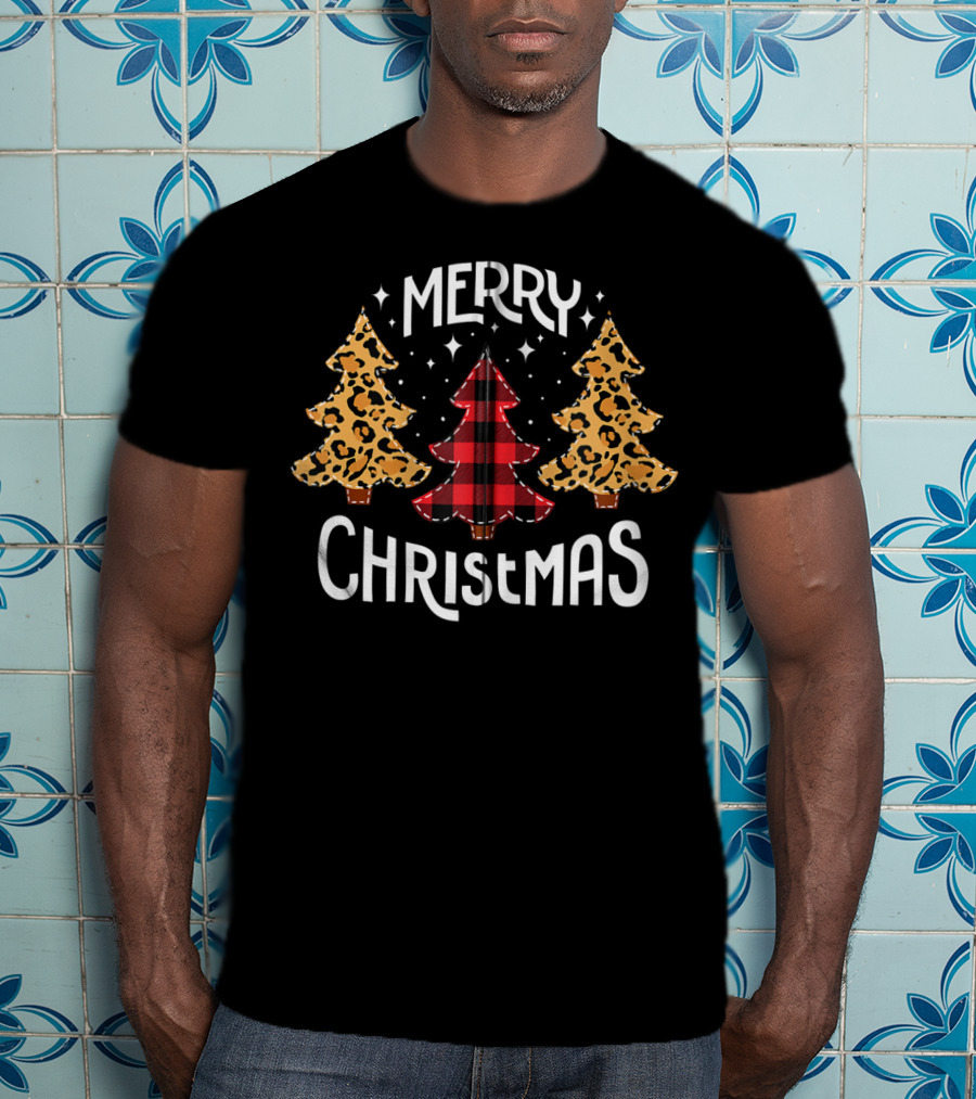 Merry Christmas Leopard And Red Buffalo Plaid Trees T-Shirt