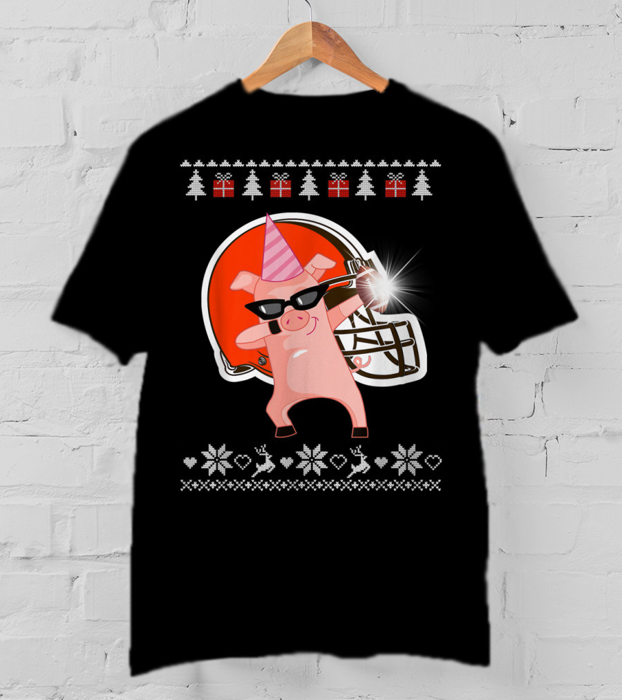 Merry Christmas Pig Dabbing Football Team Santa Hat Sunglasses Christmas Tree Reindeer Snowflakes T-Shirt