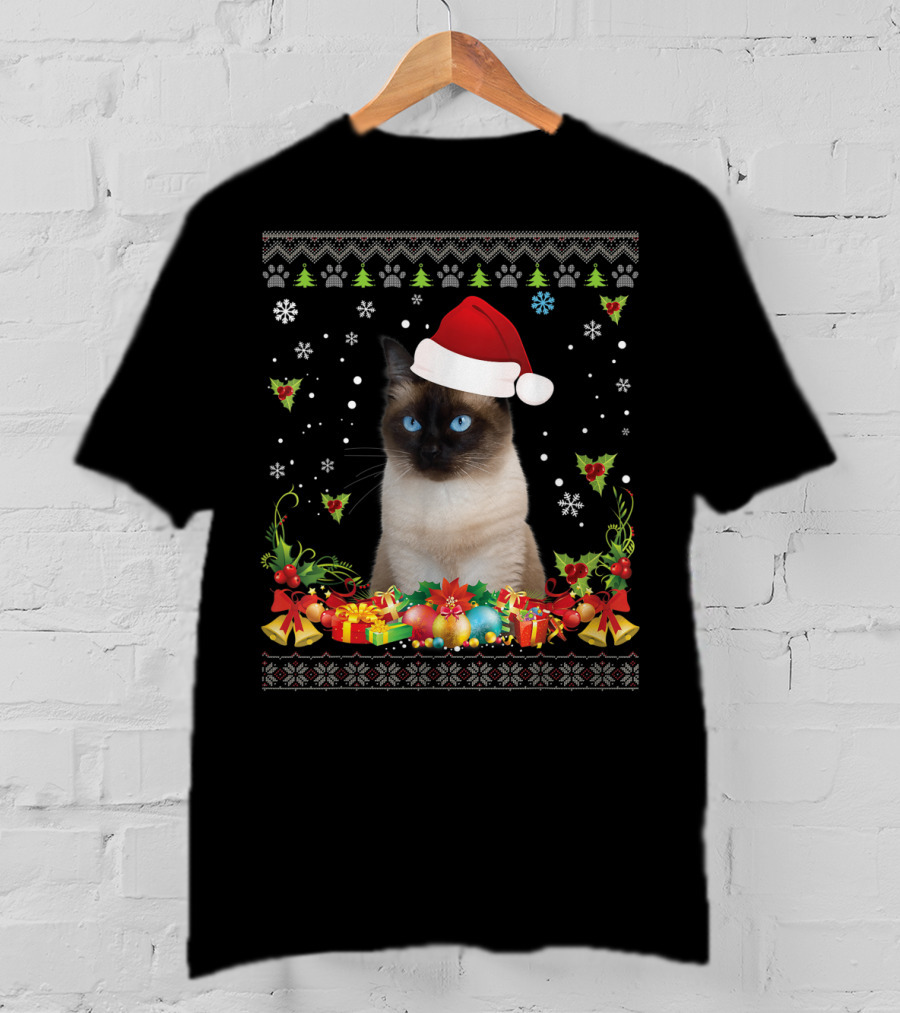 Merry Christmas Siamese Cat UglySweater Santa Hat Snowflake Ornaments T-Shirt