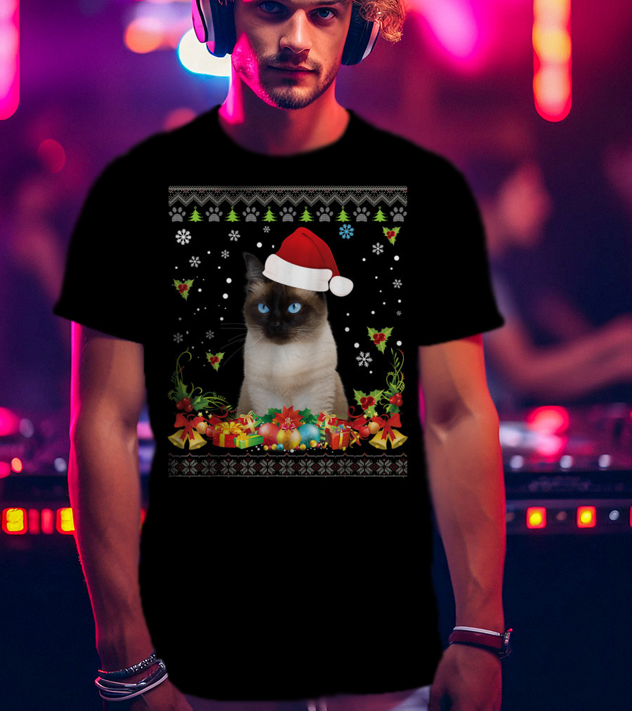 Merry Christmas Siamese Cat UglySweater Santa Hat Snowflake Ornaments T-Shirt