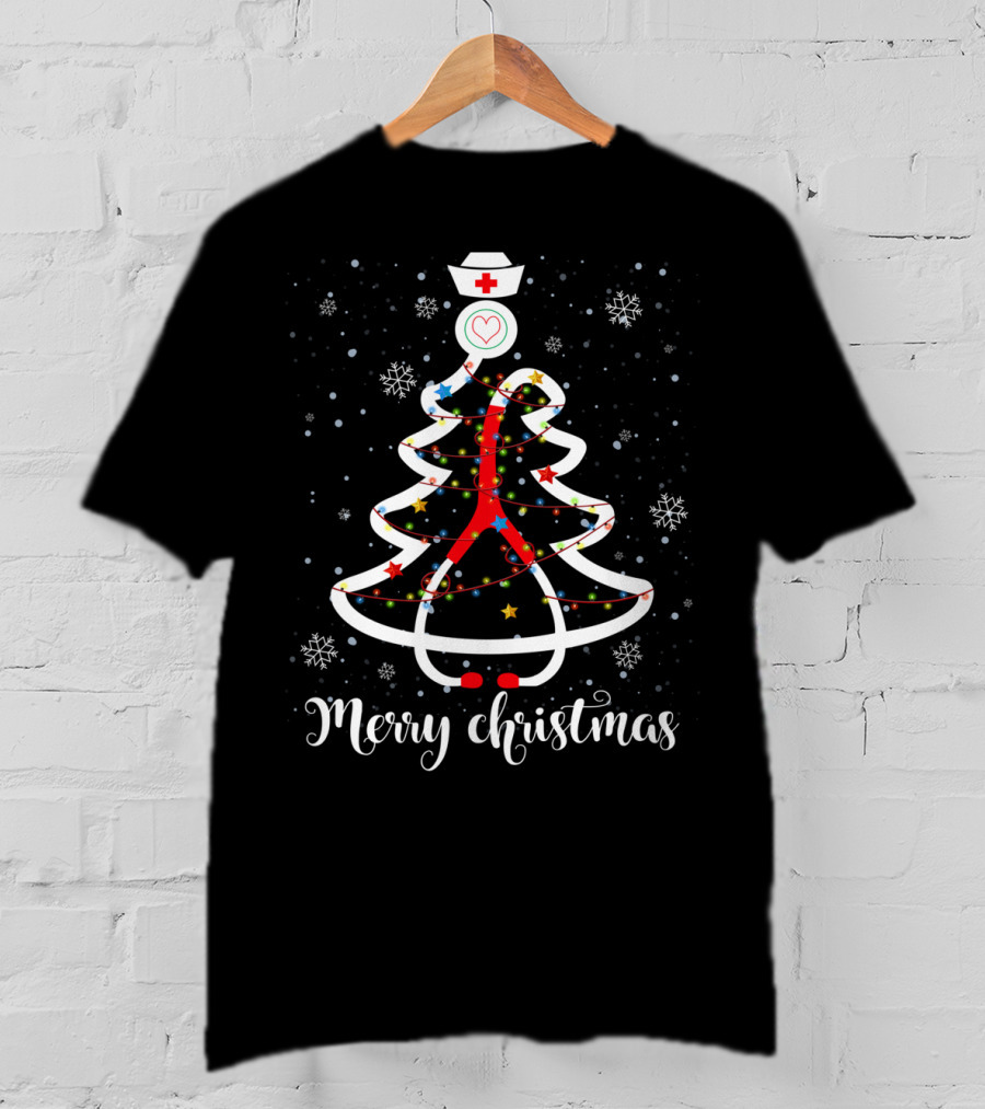 Merry Christmas Nurse Stethoscope Tree With Snowflakes And Stars T-Shirt