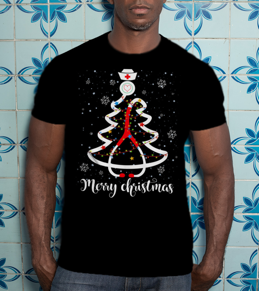 Merry Christmas Nurse Stethoscope Tree With Snowflakes And Stars T-Shirt