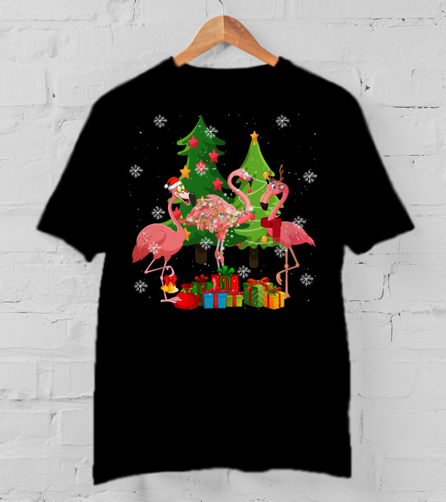 Merry Flocking Christmas Cute Flamingo Snowflake Presents T-Shirt