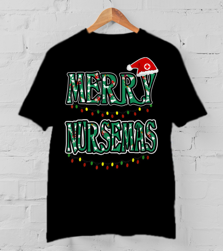 Merry Nursemas Christmas Santa Hat Lights T-Shirt