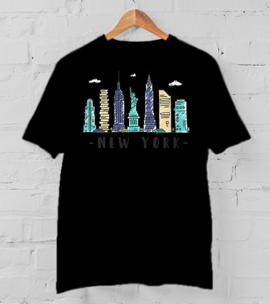 New York Skyline NYC Watercolor Landmarks Statue Of Liberty T-Shirt