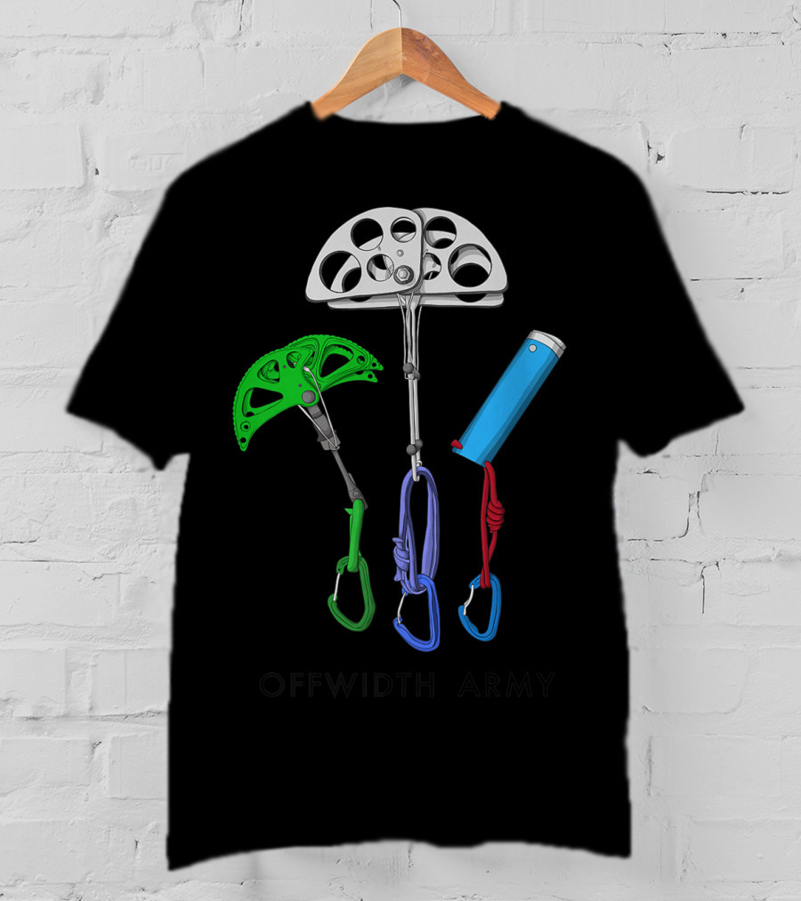 Offwidth Army Rock Climbing Gear Camming Devices And Nuts T-Shirt