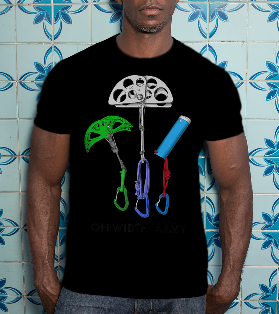 Offwidth Army Rock Climbing Gear Camming Devices And Nuts T-Shirt