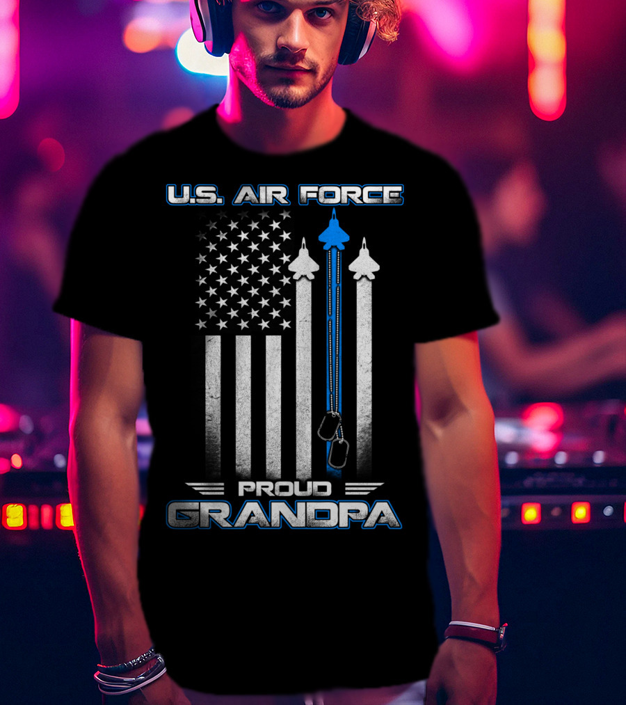 U.S. Air Force Proud Grandpa Flag And Fighter Jets With Dog Tags T-Shirt