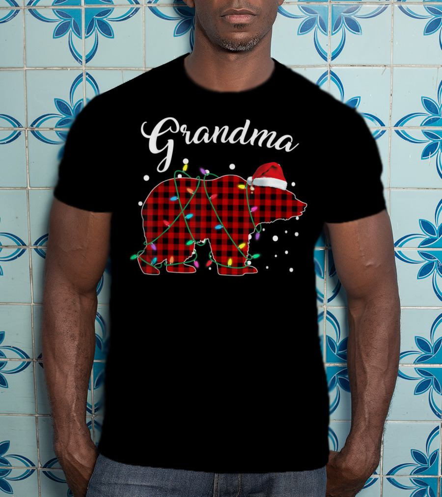 Grandma Bear Red Plaid Buffalo Christmas Lights T-Shirt