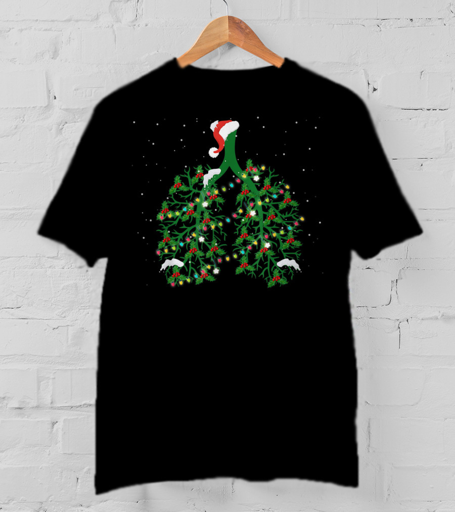Respiratory Therapist Lung Christmas Lights With Santa Hat And Snowflakes T-Shirt