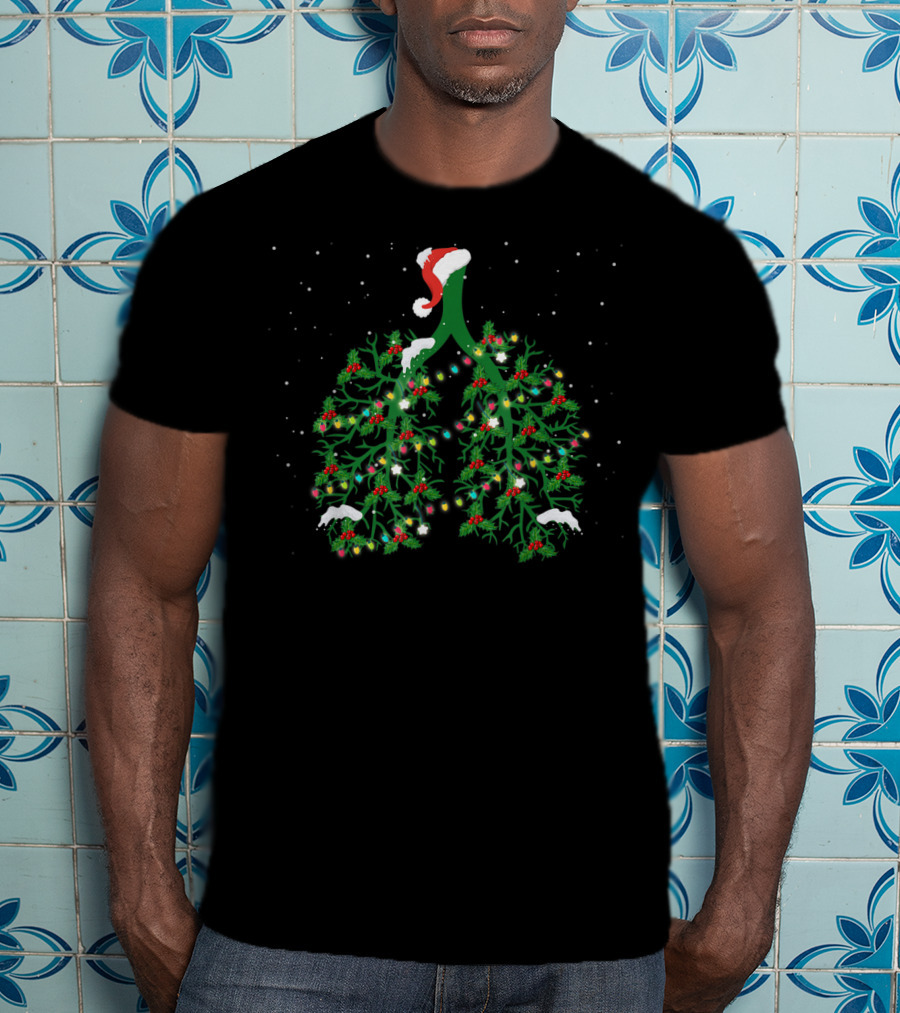 Respiratory Therapist Lung Christmas Lights With Santa Hat And Snowflakes T-Shirt