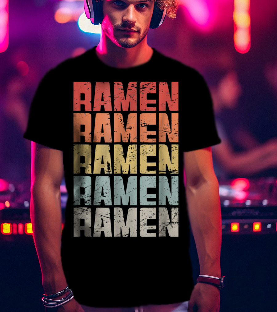 Retro Distressed Multicolor Ramen Repeated Text T-Shirt