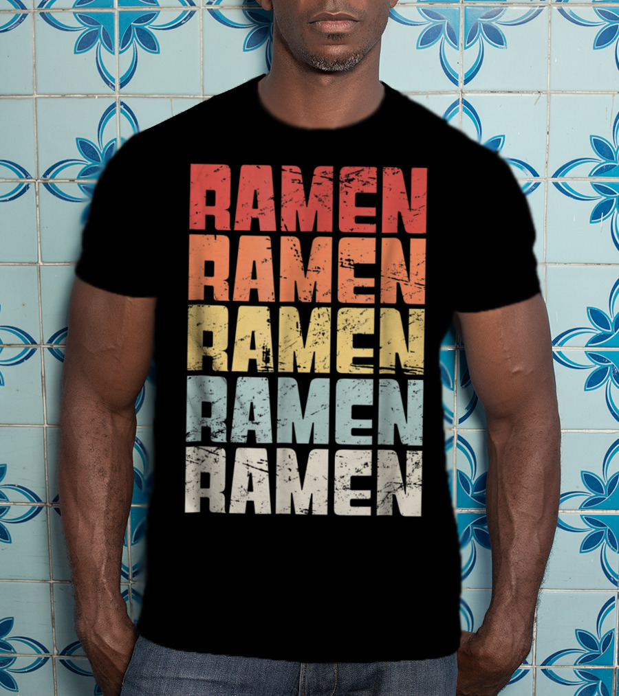 Retro Distressed Multicolor Ramen Repeated Text T-Shirt