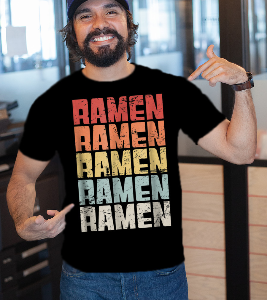 Retro Distressed Multicolor Ramen Repeated Text T-Shirt