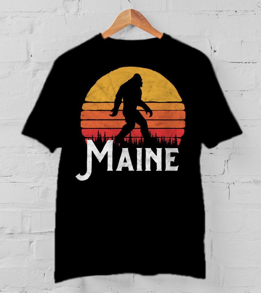 Maine Bigfoot Silhouette Retro Sun Believe T-Shirt