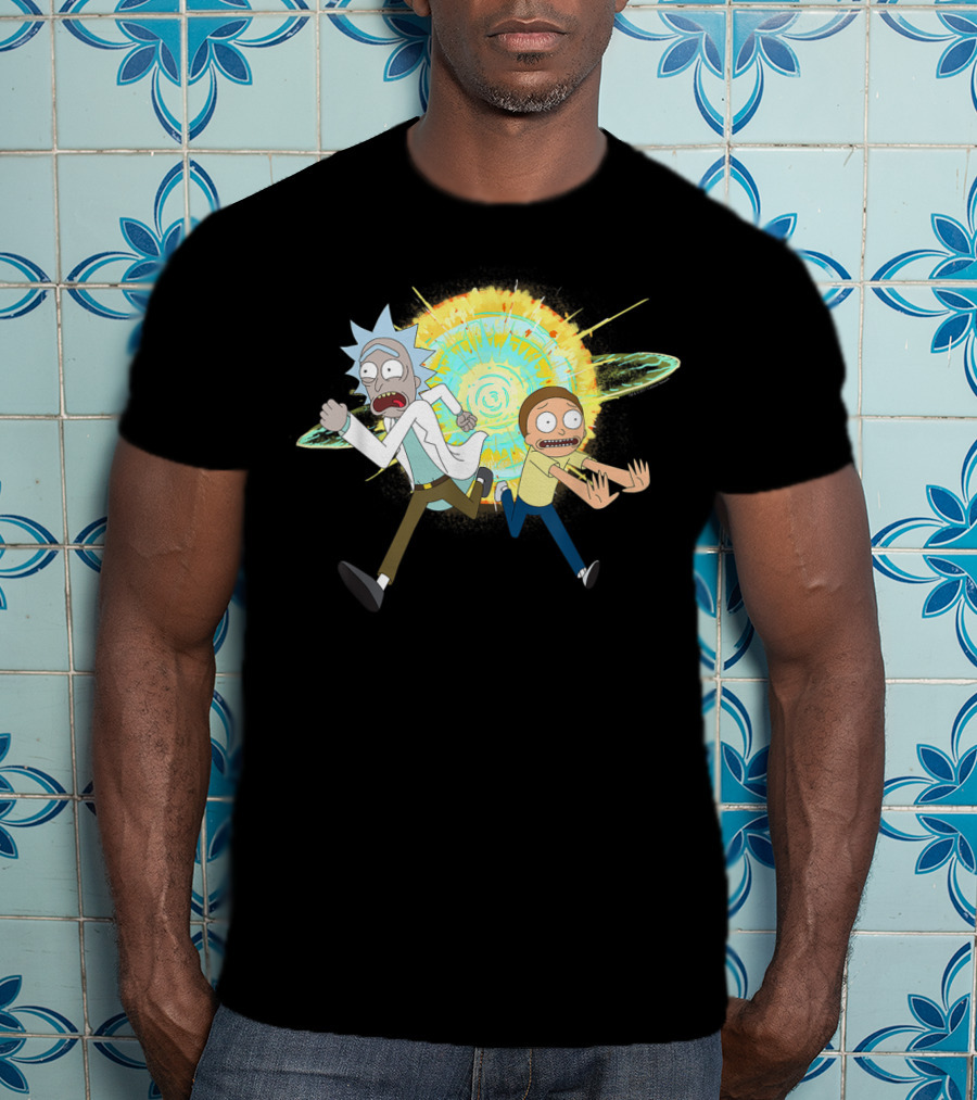 Rick And Morty Running From A Portal Explosion T-Shirt
