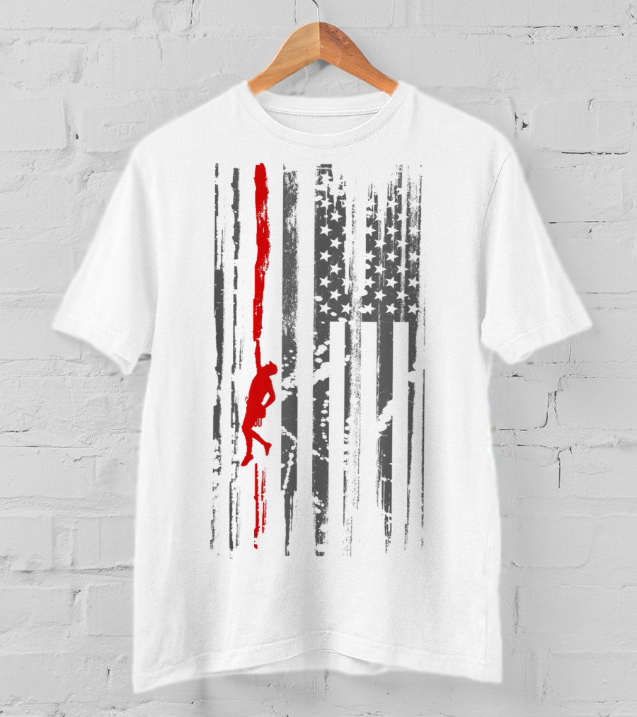 Rock Climbing Silhouette On American Flag Stripes And Stars T-Shirt