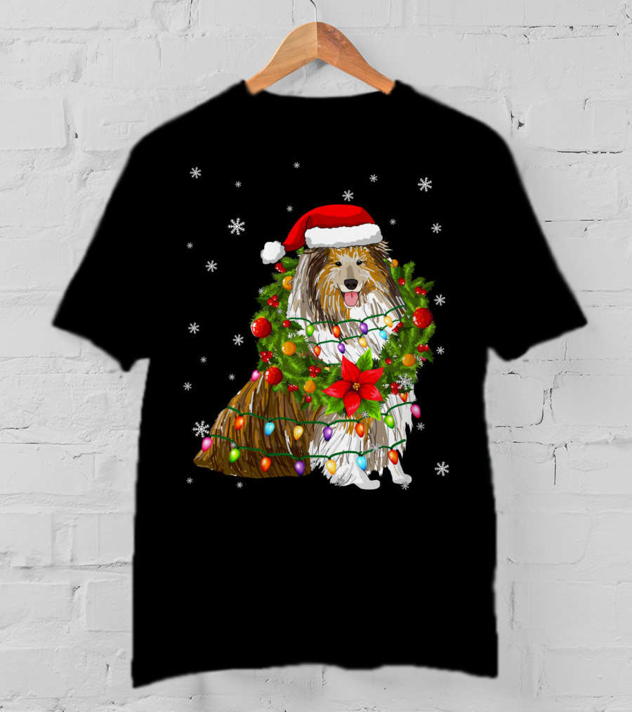 Santa Collie Dog Wrapped In Christmas Lights And Festive Garland T-Shirt