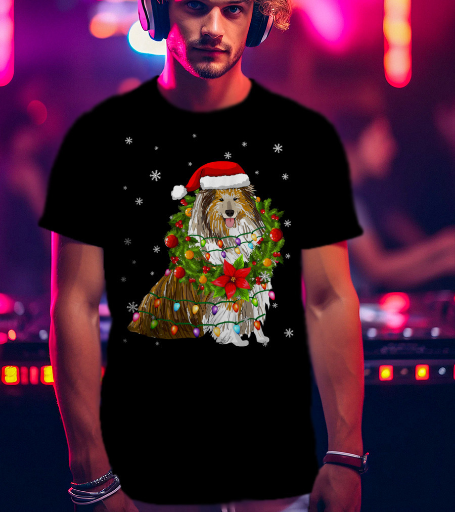 Santa Collie Dog Wrapped In Christmas Lights And Festive Garland T-Shirt