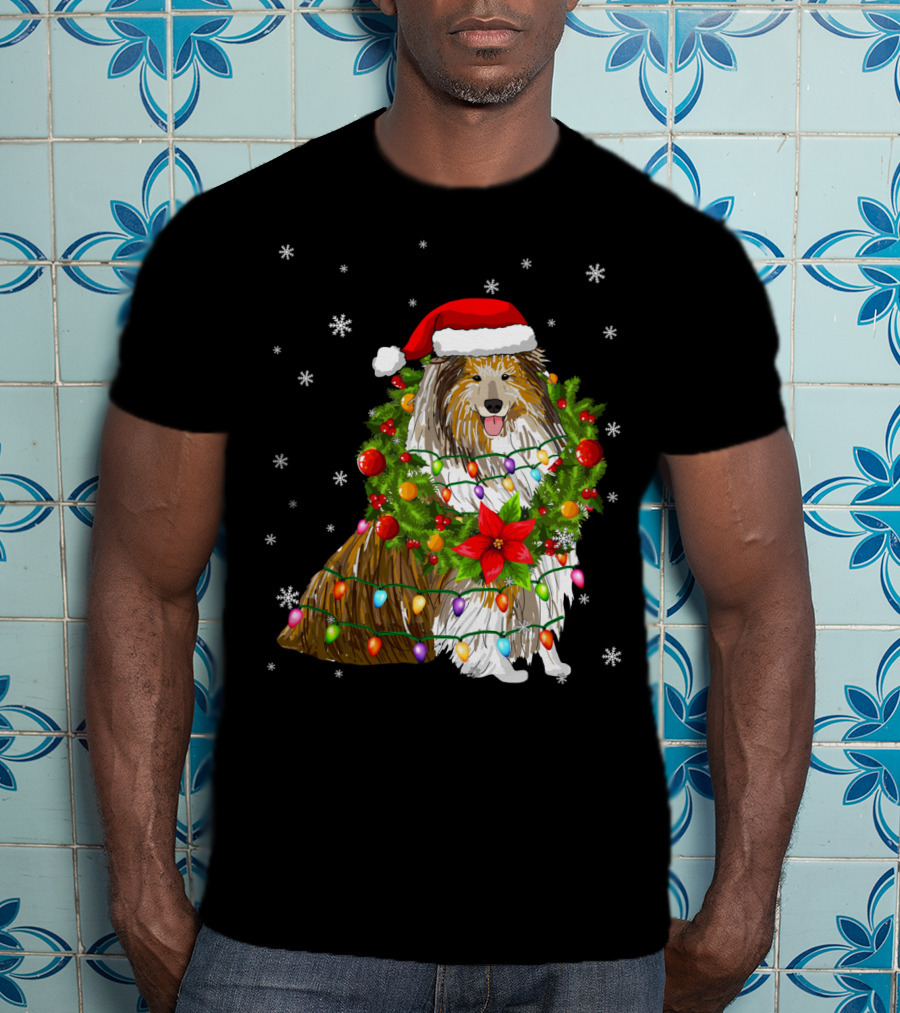 Santa Collie Dog Wrapped In Christmas Lights And Festive Garland T-Shirt