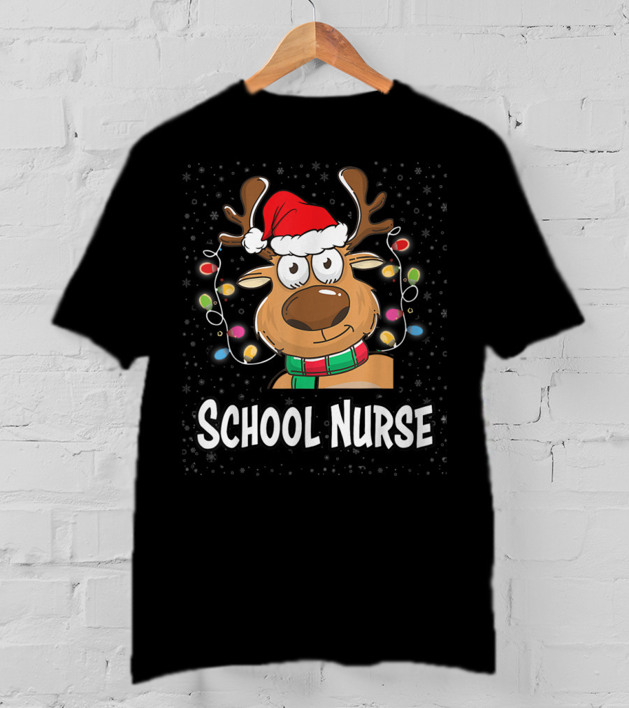Santa Reindeer School Nurse Festive Christmas Lights T-Shirt