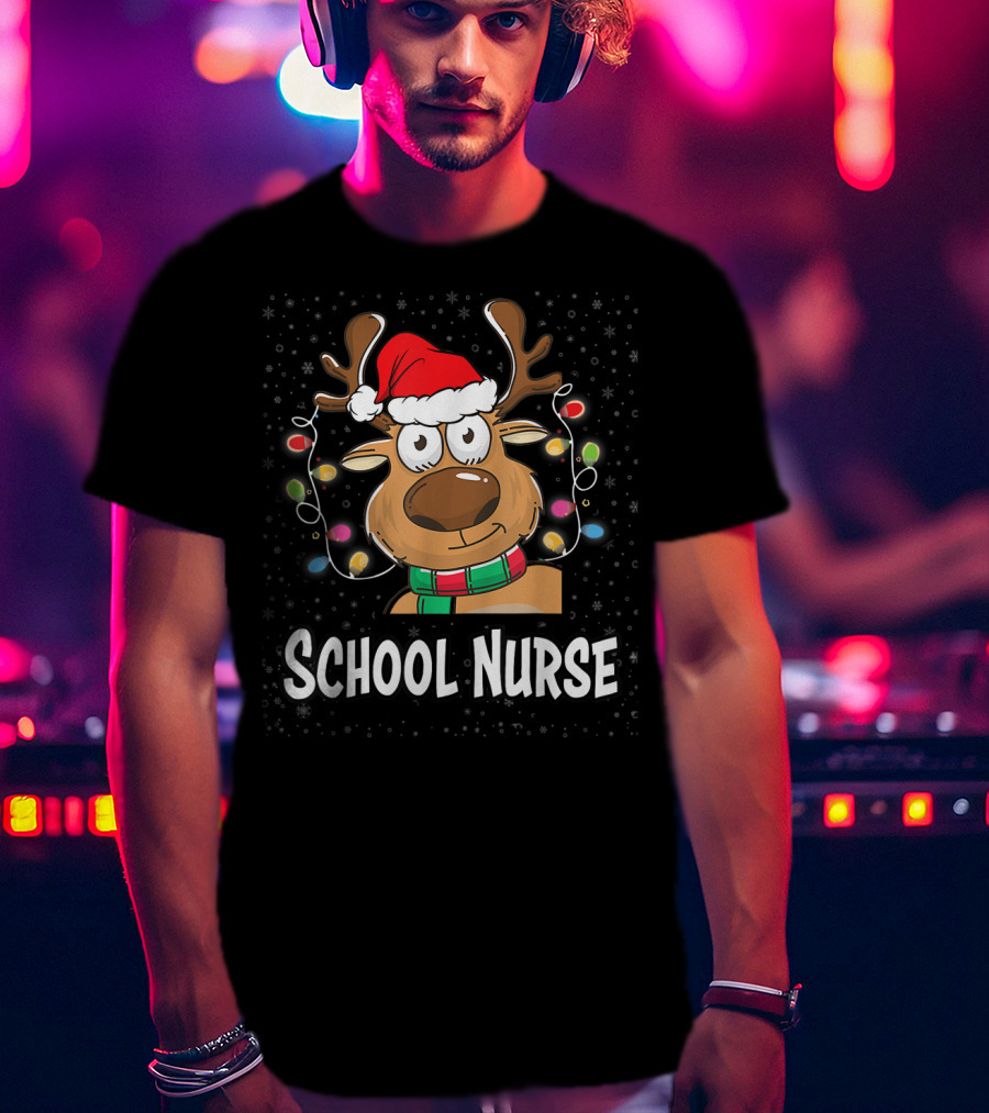 Santa Reindeer School Nurse Festive Christmas Lights T-Shirt