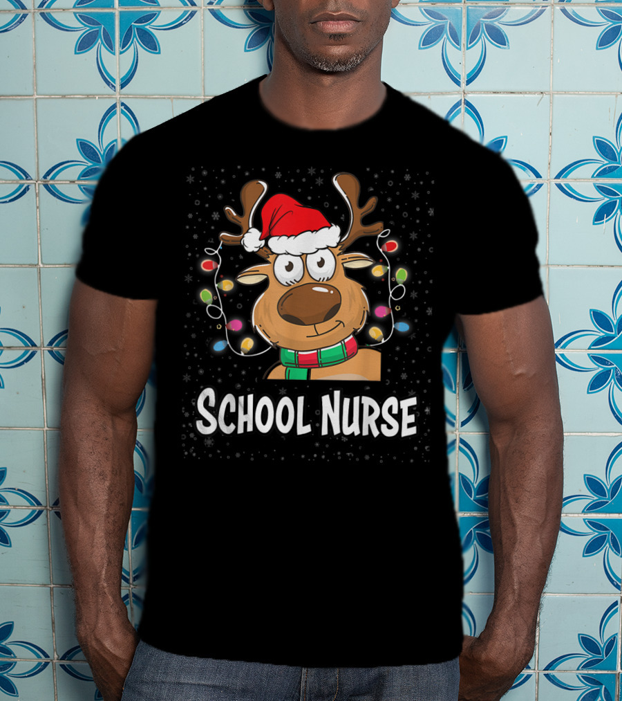 Santa Reindeer School Nurse Festive Christmas Lights T-Shirt