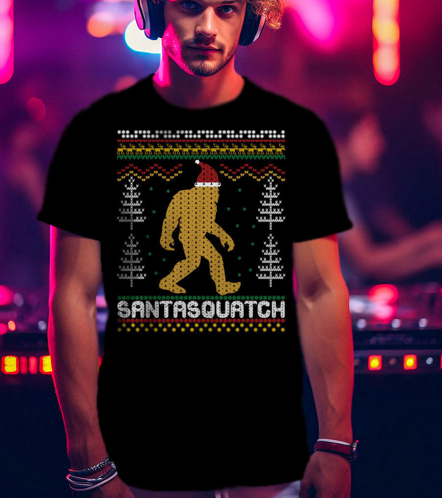 Santasquatch Bigfoot Christmas Sweater Pattern With Santa Hat And Trees T-Shirt