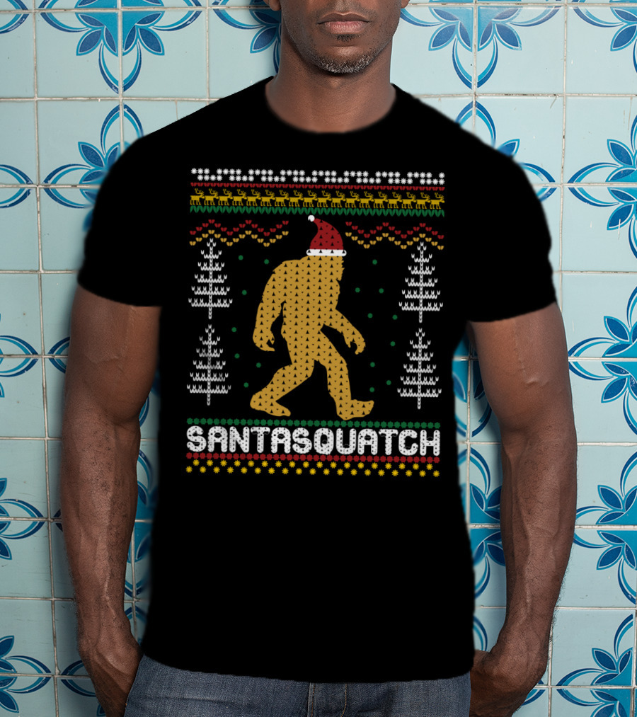 Santasquatch Bigfoot Christmas Sweater Pattern With Santa Hat And Trees T-Shirt