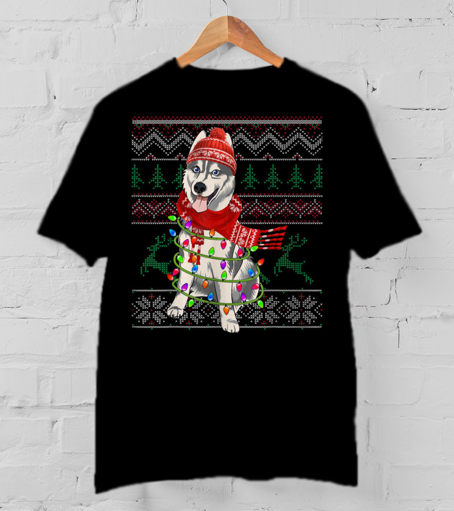 Siberian Husky Christmas Lights Holiday T-Shirt