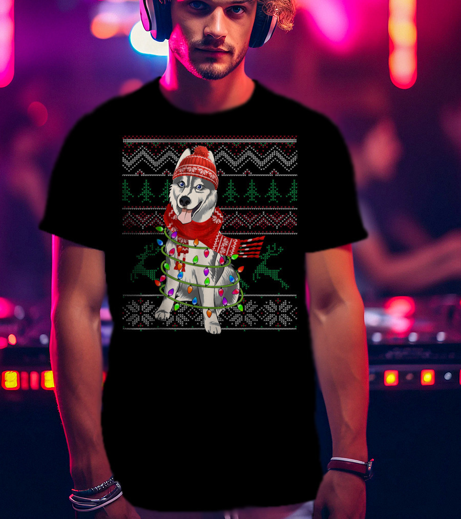 Siberian Husky Christmas Lights Holiday T-Shirt