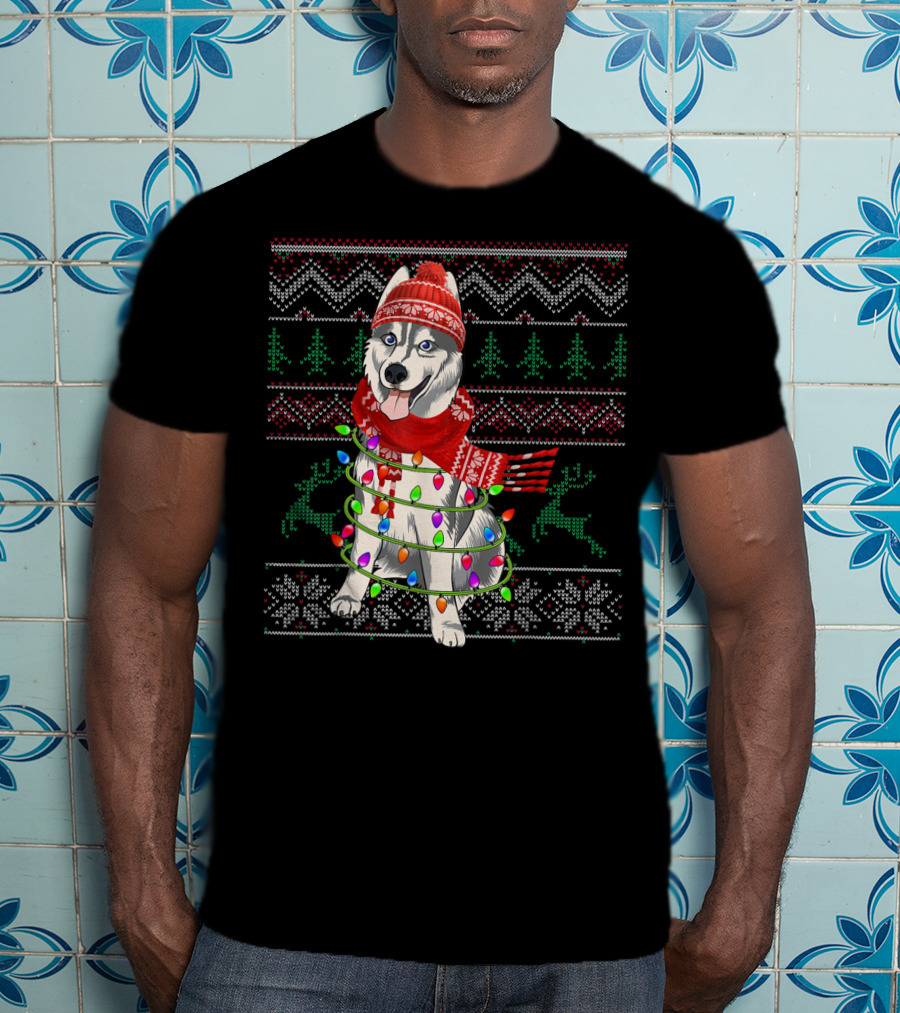 Siberian Husky Christmas Lights Holiday T-Shirt