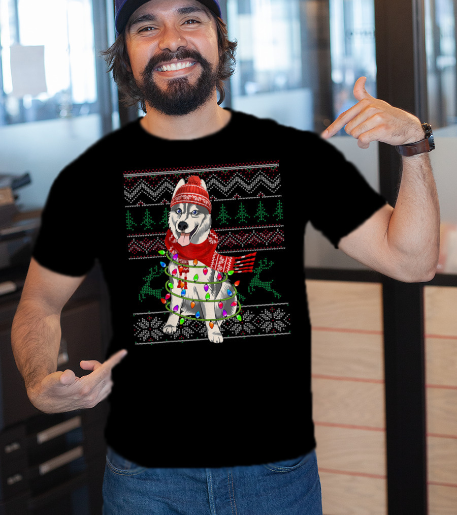 Siberian Husky Christmas Lights Holiday T-Shirt