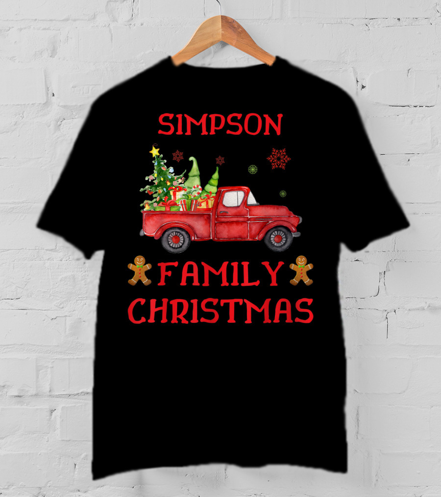 Simpson Family Christmas Old Red Truck With Tree And Gingerbread Men T-Shirt