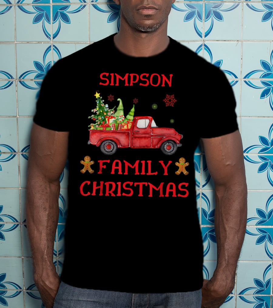 Simpson Family Christmas Old Red Truck With Tree And Gingerbread Men T-Shirt
