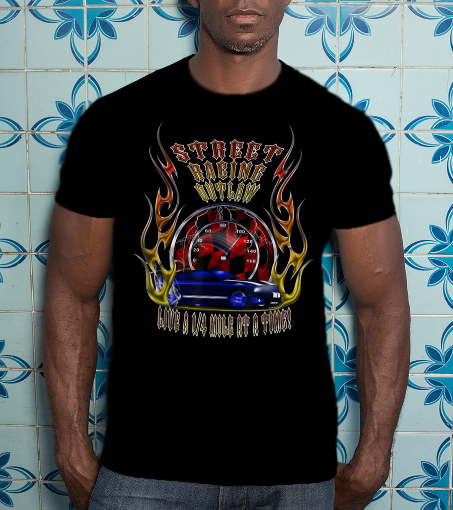 Street Racing Outlaw Live A Quarter Mile At A Time Speedometer Flames Car T-Shirt