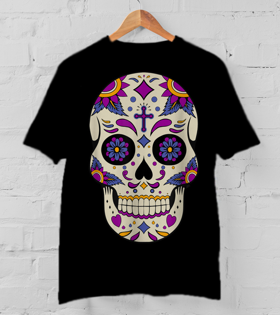 Sugar Skull Day Of The Dead Halloween Dia De Los Muertos Colorful Cross Floral T-Shirt