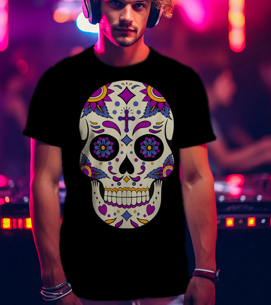 Sugar Skull Day Of The Dead Halloween Dia De Los Muertos Colorful Cross Floral T-Shirt