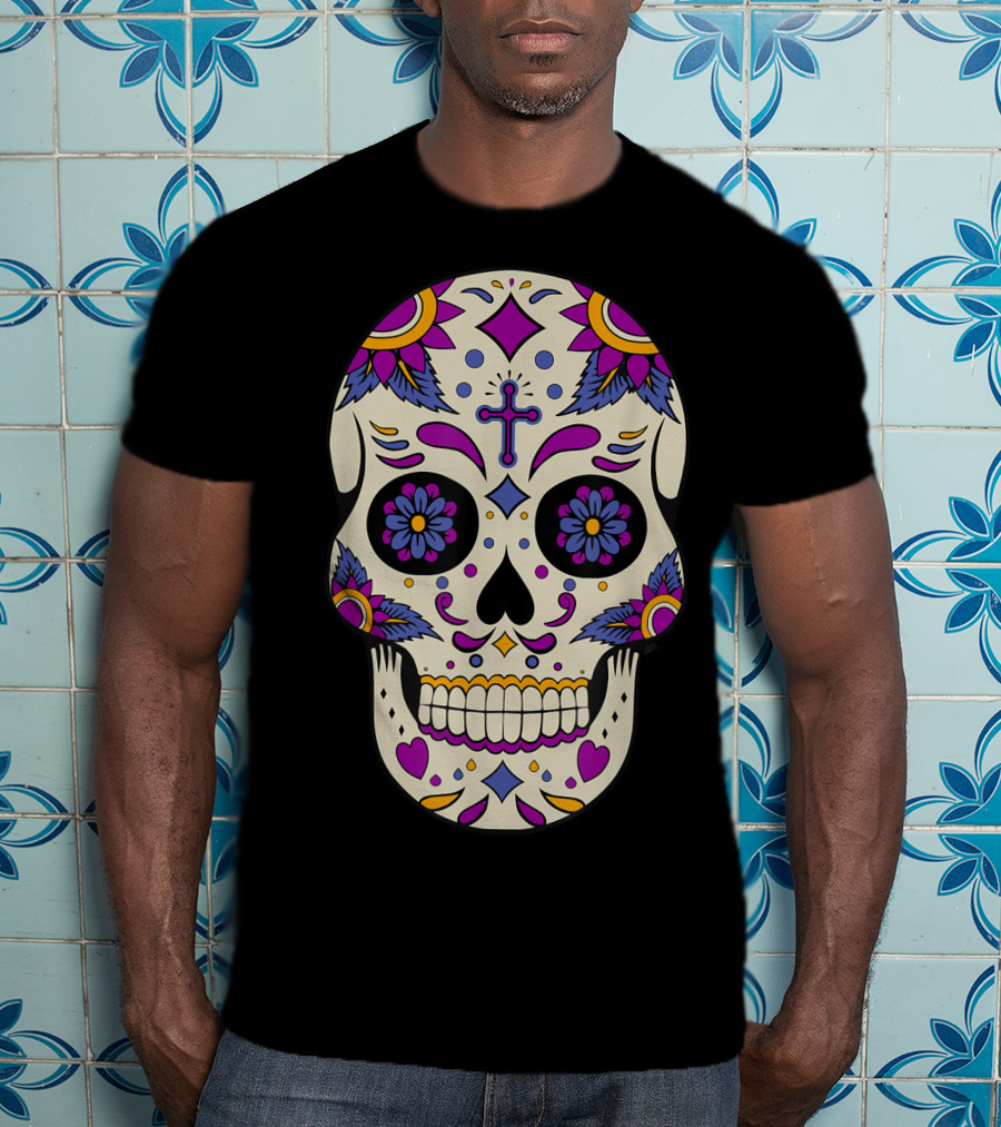 Sugar Skull Day Of The Dead Halloween Dia De Los Muertos Colorful Cross Floral T-Shirt