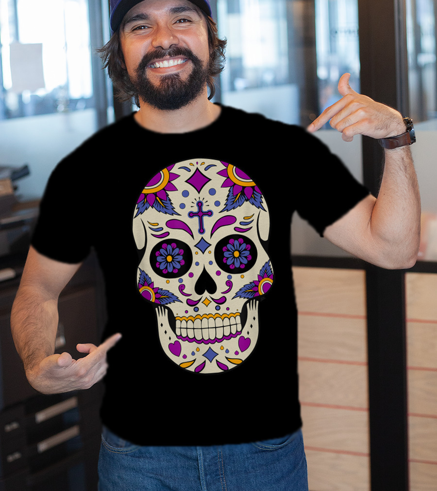 Sugar Skull Day Of The Dead Halloween Dia De Los Muertos Colorful Cross Floral T-Shirt